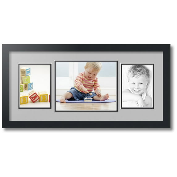 ArtToFrames Collage Photo Picture Frame with 1 - 8x10 and 2 - 5x7 Openings, Framed in Black with TV Grey and Black Mats (CDM-3926-70)