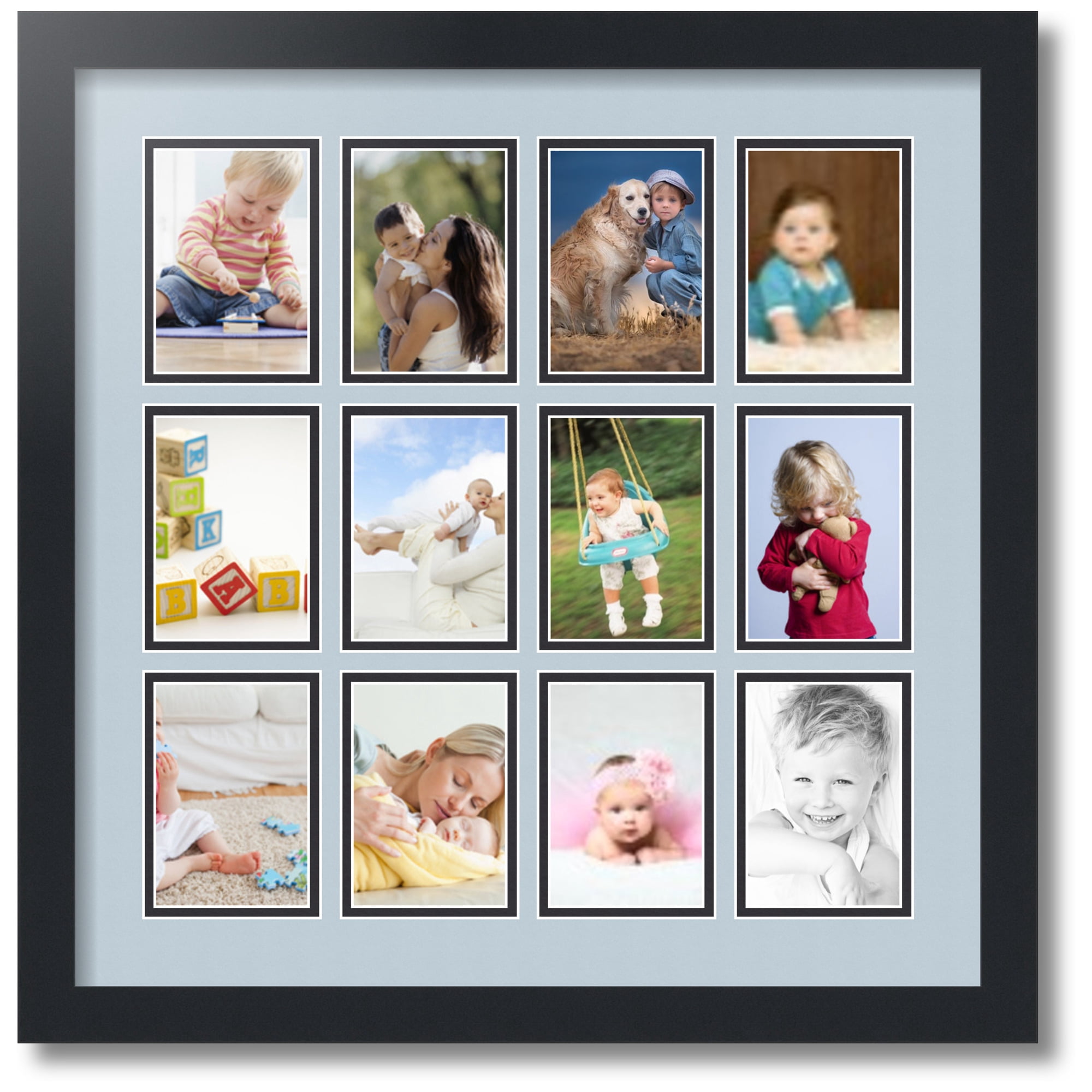 ArtToFrames Collage Photo Picture Frame with 12 - 3.25x4.75" Openings, Framed in Black with Baby Blue and Black Mats (CDM-3926-1156)