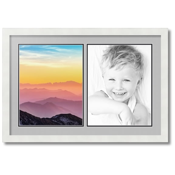 ArtToFrames Collage Photo Picture Frame with 2 - 11x14 Openings, Framed in White with TV Grey and Black Mats (CDM-3966-37)