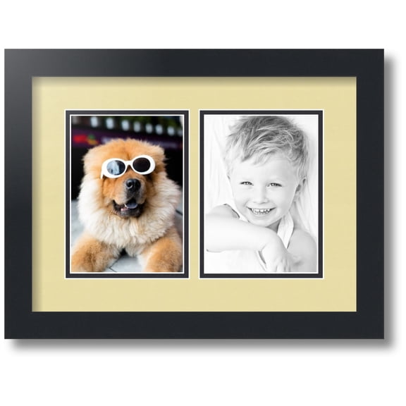 ArtToFrames Collage Photo Picture Frame with 2 - 5x7" Openings, Framed in Black with Buttercup and Black Mats (CDM-3926-35)