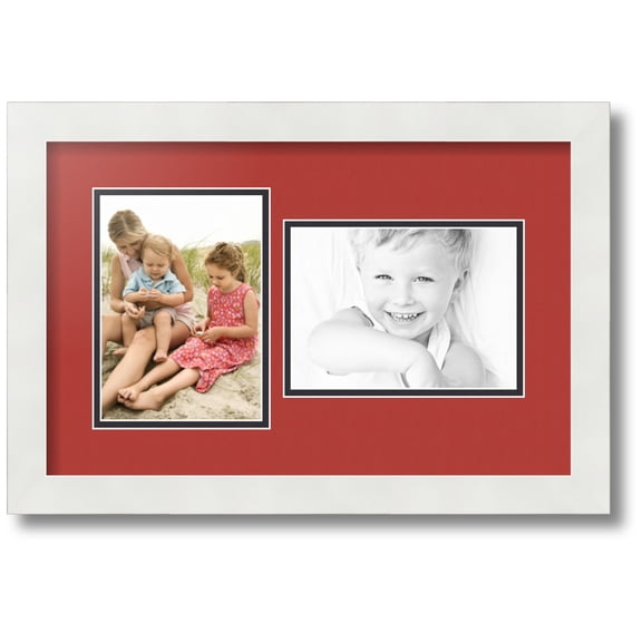 ArtToFrames Collage Photo Picture Frame with 2 - 5x7" Openings, Framed in White with Deep Red and Black Mats (CDM-3966-106)