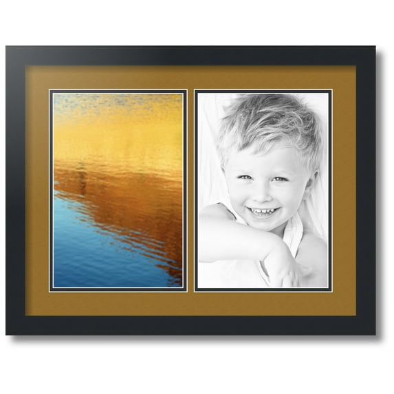 ArtToFrames Collage Photo Picture Frame with 2 - 8x12 Openings, Framed in Black with El Dorado and Black Mats (CDM-3926-37)