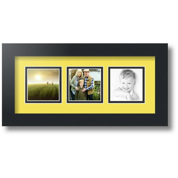 ArtToFrames Collage Photo Picture Frame with 3 - 3x3 Openings, Framed in Black with Canary and Black Mats (CDM-3926-66)