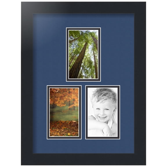 ArtToFrames Collage Photo Picture Frame with 3 - 3x5" Openings, Framed in Black with Delft Blue and Black Mats (CDM-3926-1662)