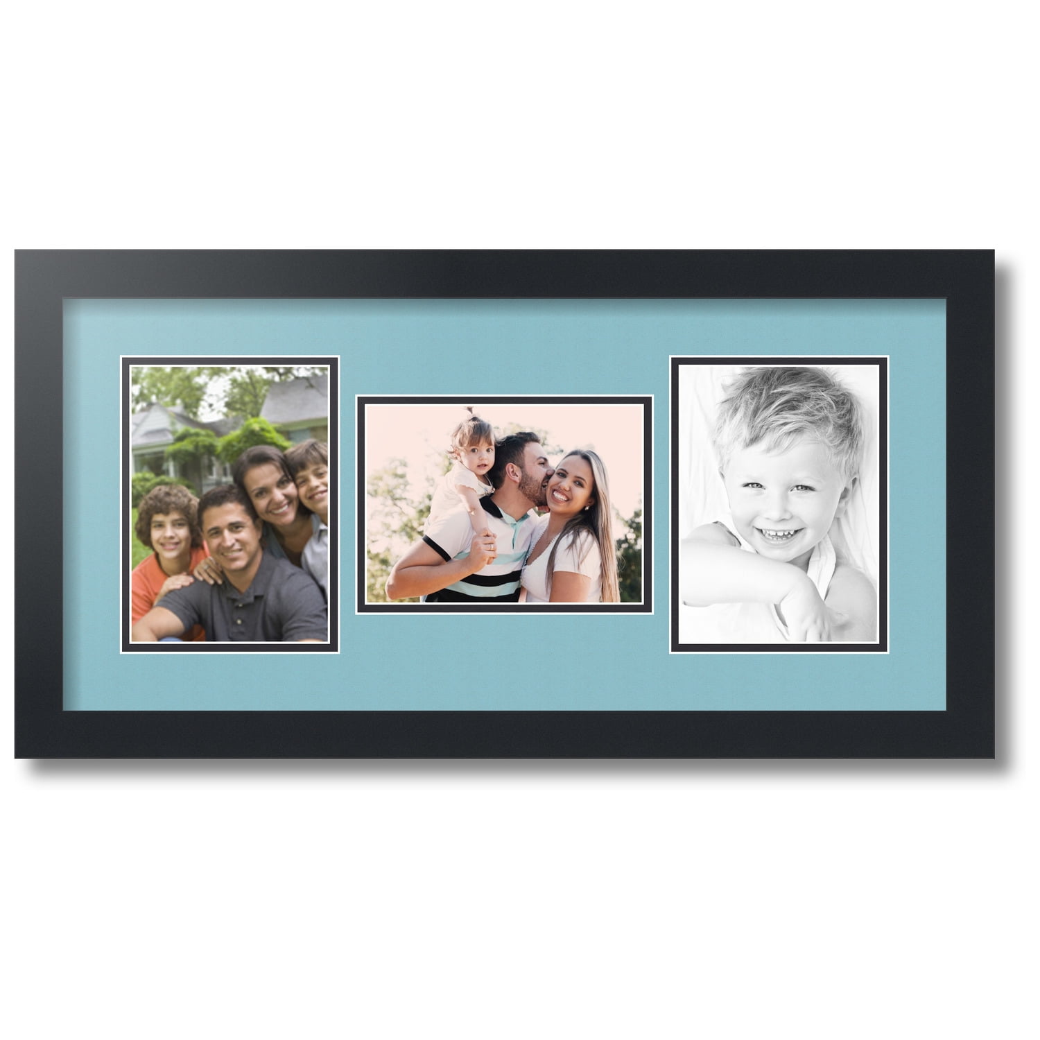 ArtToFrames Collage Photo Picture Frame with 3 5x7 Openings, Framed in Black with French Blue