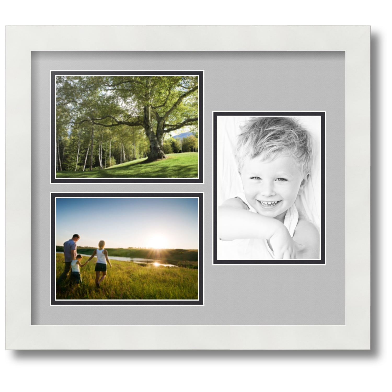 ArtToFrames Collage Photo Picture Frame with 3 5x7 Openings, Framed in White with TV Grey and