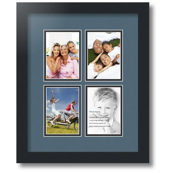 ArtToFrames Collage Photo Picture Frame with 4 - 3.5x5 Openings, Framed in Black with Dutch Blue and Black Mats (CDM-3926-1)