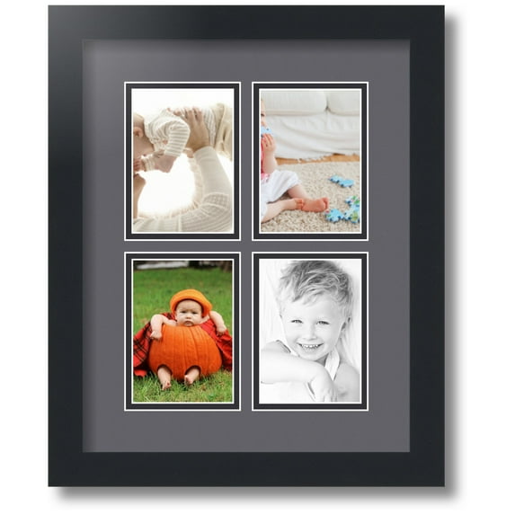 ArtToFrames Collage Photo Picture Frame with 4 - 3.5x5" Openings, Framed in Black with Mountain Grey and Black Mats (CDM-3926-532)