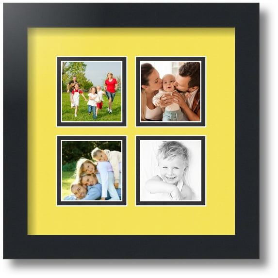 ArtToFrames Collage Photo Picture Frame with 4 - 3x3" Openings, Framed in Black with Canary and Black Mats (CDM-3926-7)