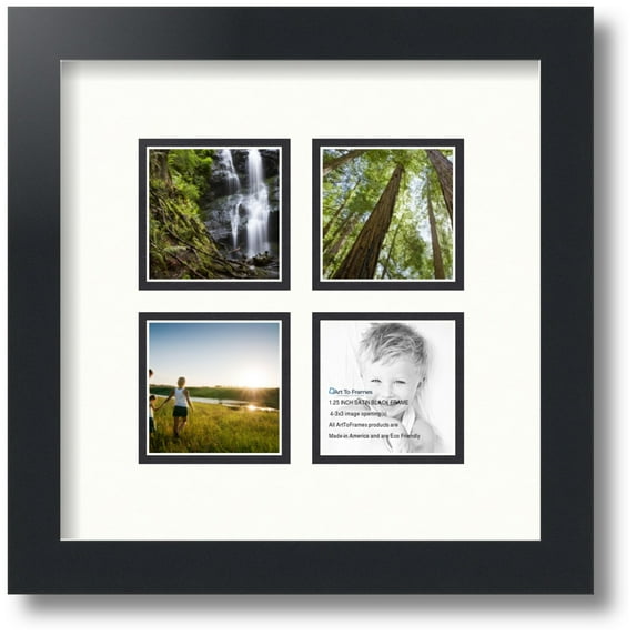 ArtToFrames Collage Photo Picture Frame with 4 - 3x3" Openings, Framed in Black with Porcelain and Black Mats (CDM-3926-2)