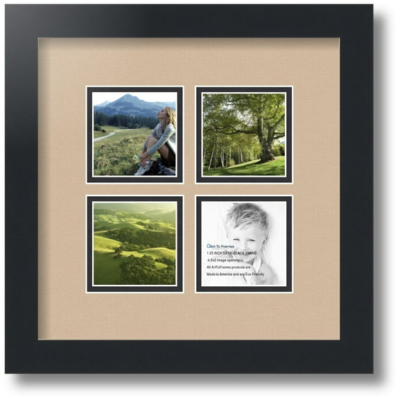 ArtToFrames Collage Photo Picture Frame with 4 - 3x3" Openings, Framed in Black with Scotch Mist and Black Mats (CDM-3926-7)
