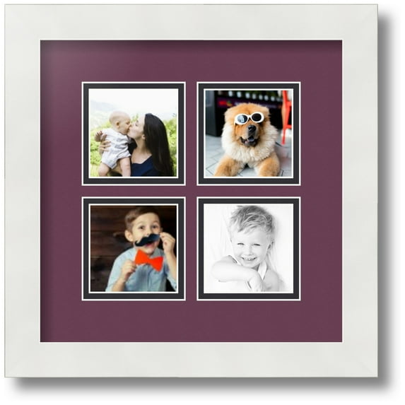 ArtToFrames Collage Photo Picture Frame with 4 - 3x3 Openings, Framed in White with Ruby and Black Mats (CDM-3966-2)