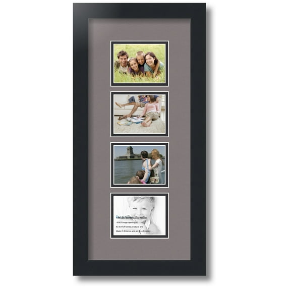 ArtToFrames Collage Photo Picture Frame with 4 - 3x4" Openings, Framed in Black with Pewter and Black Mats (CDM-3926-609)