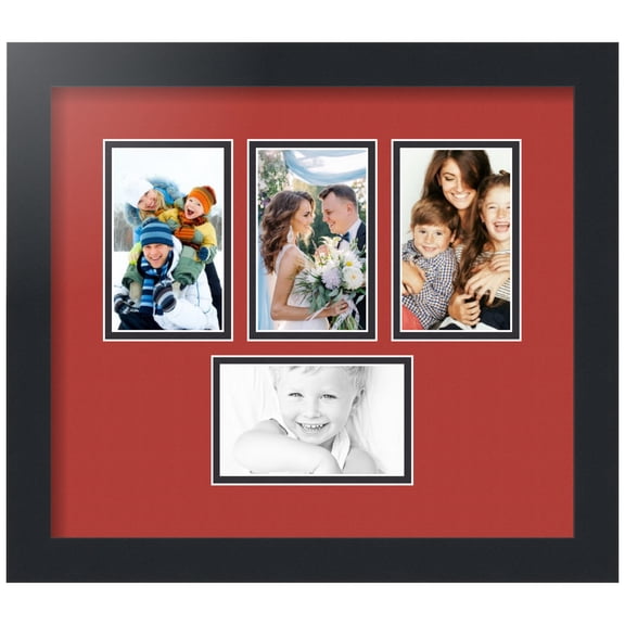 ArtToFrames Collage Photo Picture Frame with 4 - 3x5" Openings, Framed in Black with Deep Red and Black Mats (CDM-3926-1675)