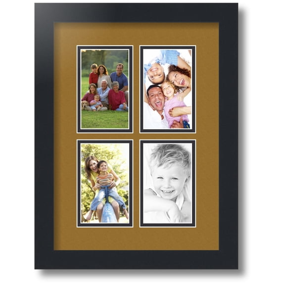 ArtToFrames Collage Photo Picture Frame with 4 - 3x5" Openings, Framed in Black with El Dorado and Black Mats (CDM-3926-2)