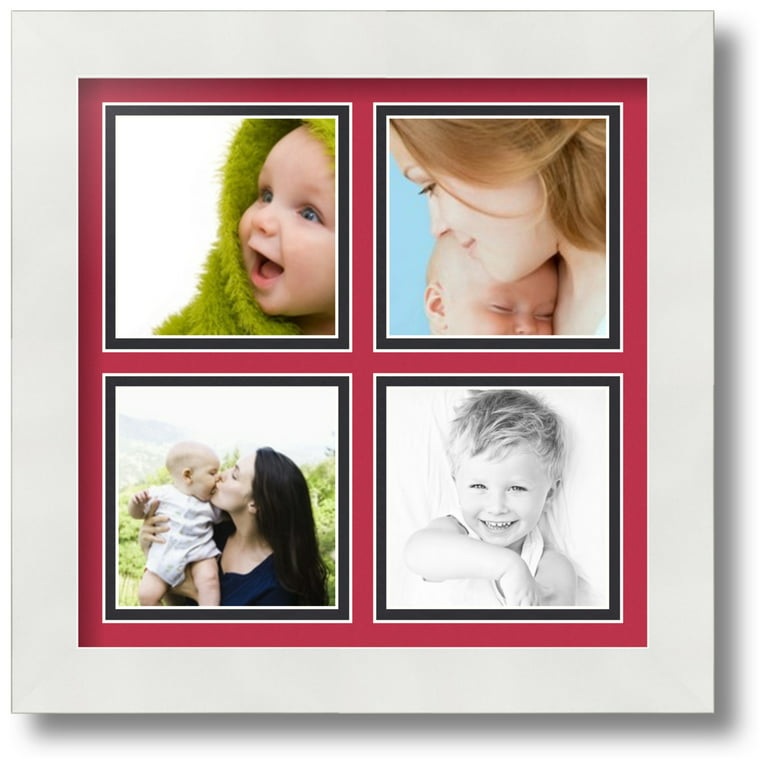 ArtToFrames Collage Photo Picture Frame with 4 - 4x4 Openings, Framed in  White with Rouge and Black Mats (CDM-3966-9999)