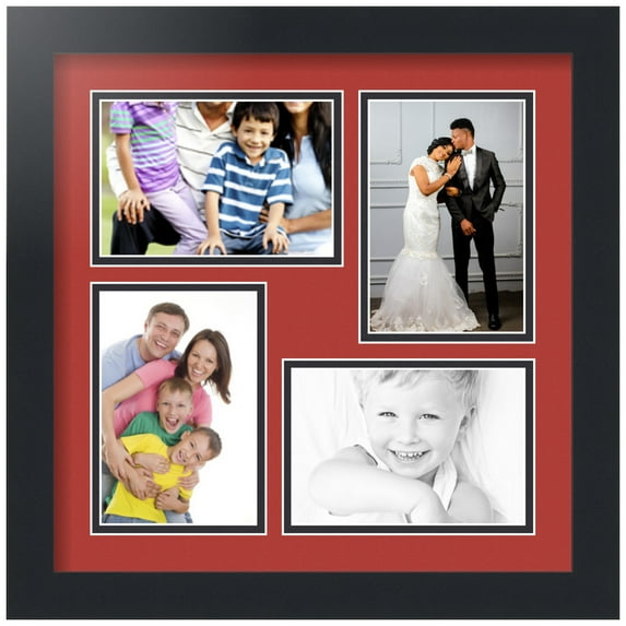ArtToFrames Collage Photo Picture Frame with 4 - 4x6" Openings, Framed in Black with Deep Red and Black Mats (CDM-3926-178)