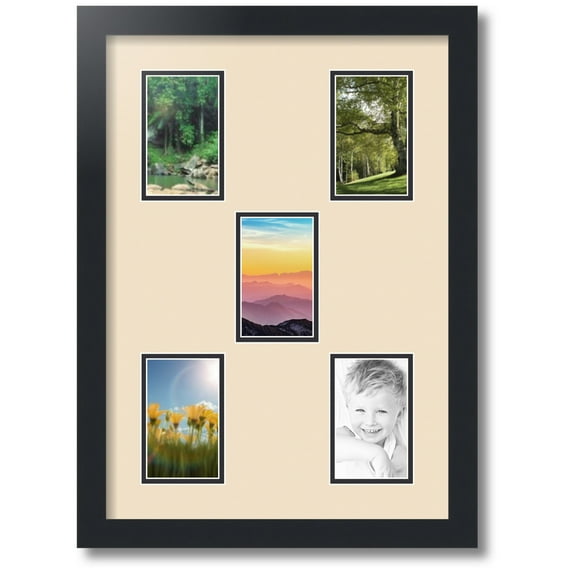 ArtToFrames Collage Photo Picture Frame with 5 - 3x5 Openings, Framed in Black with French Creme and Black Mats (CDM-3926-106)