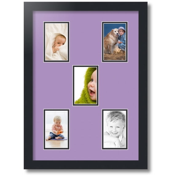 ArtToFrames Collage Photo Picture Frame with 5 - 3x5 Openings, Framed in Black with Lavender Mist and Black Mats (CDM-3926-106)