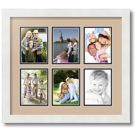 ArtToFrames Collage Photo Picture Frame with 6 - 3.875x5.25 Openings, Framed in White with Scotch Mist and Black Mats (CDM-3966-151)