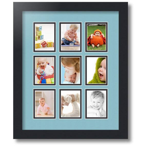 ArtToFrames Collage Photo Picture Frame with 9 - 2.5x3.5 Openings, Framed in Black with French Blue and Black Mats (CDM-3926-213)