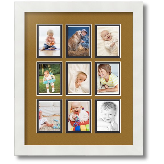 ArtToFrames Collage Photo Picture Frame with 9 - 2.5x3.5 Openings, Framed in White with El Dorado and Black Mats (CDM-3966-213)