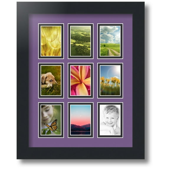 ArtToFrames Collage Photo Picture Frame with 9 - 2x3 Openings, Framed in Black with Grape and Black Mats (CDM-3926-213)