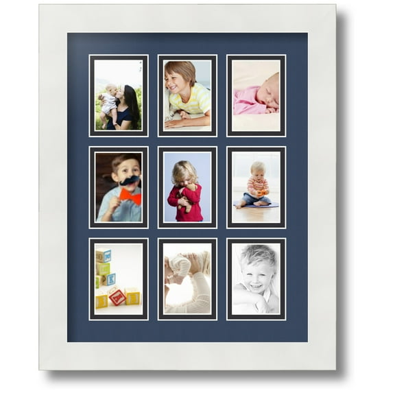 ArtToFrames Collage Photo Picture Frame with 9 - 2x3 Openings, Framed in White with Midnight Blue and Black Mats (CDM-3966-213)