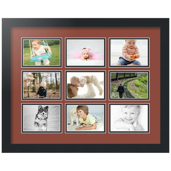 ArtToFrames Collage Photo Picture Frame with 9 - 3.5x5" Openings, Framed in Black with Cognac and Black Mats (CDM-3926-1050)