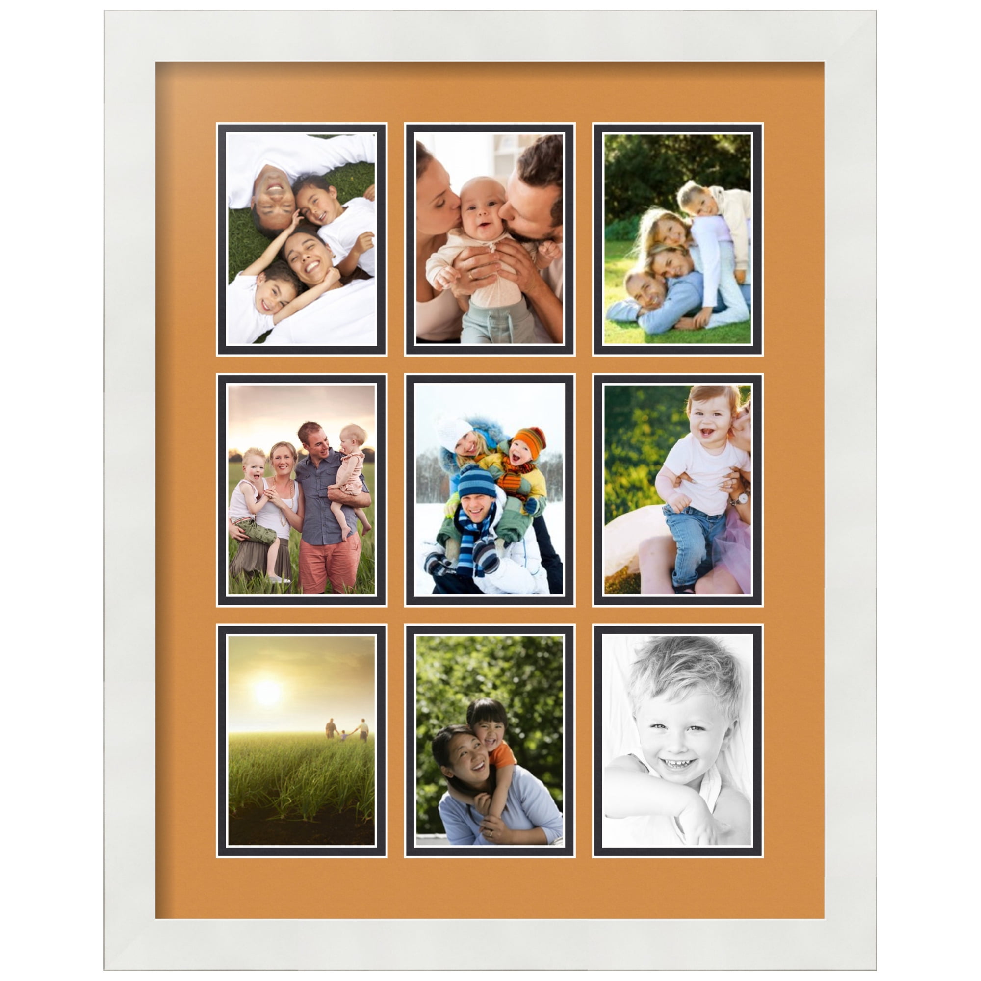 ArtToFrames Collage Photo Picture Frame with 9 - 3.5x5" Openings, Framed in White with Amber and Black Mats (CDM-3966-1045)