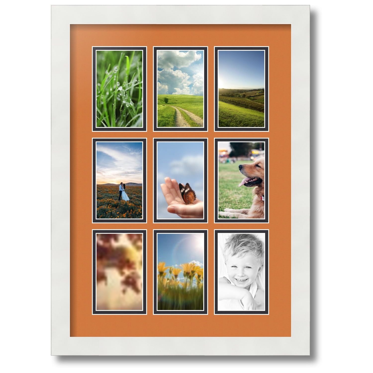 Modern Collage Picture Frames Wall Decor - 17.5x23.5 White Finish Photo  Collage Frame with White Mat For Nine 5x7 Photos , Includes UV Resistant