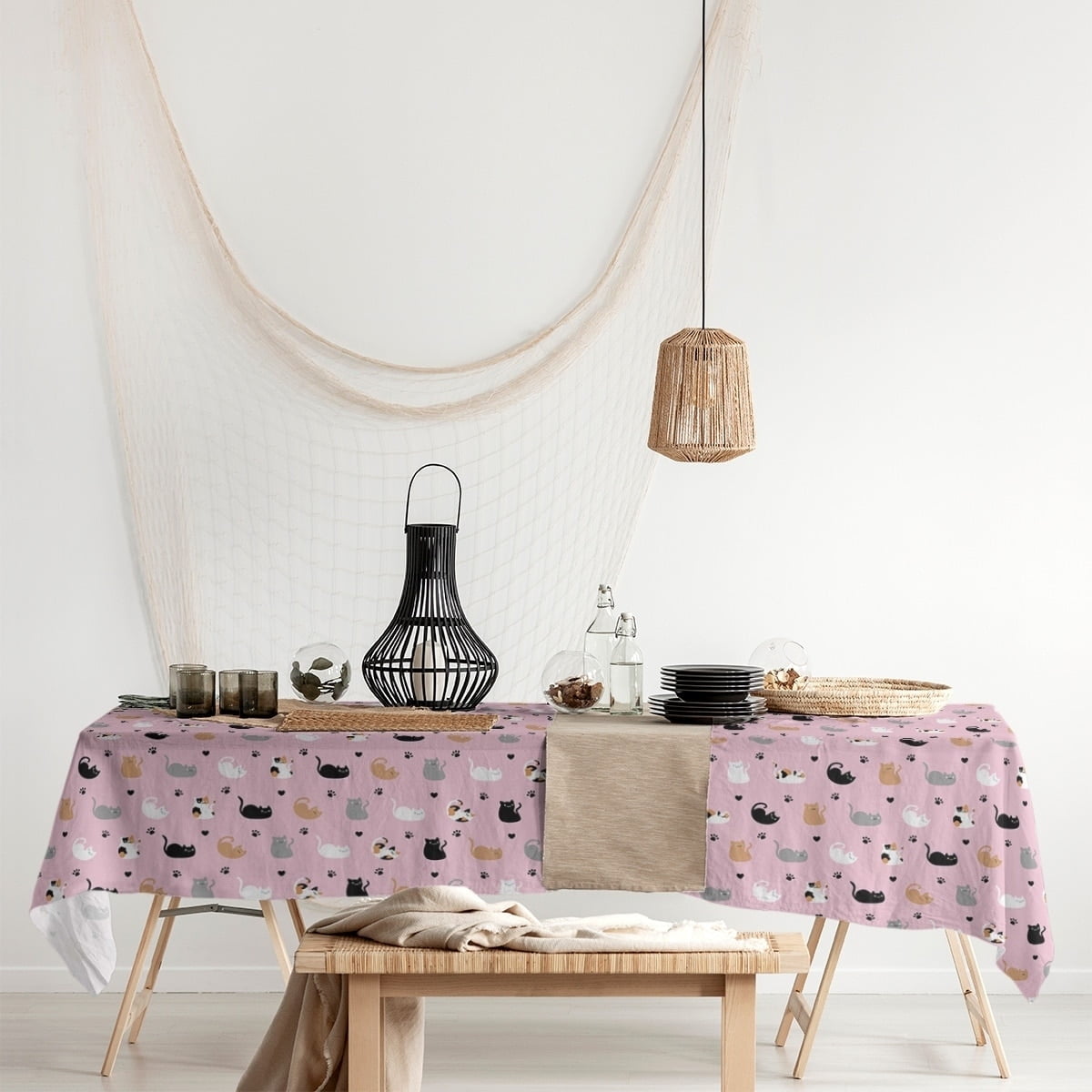 Pink Multicolor Cotton Twill Cat and Dog Pattern Tablecloth