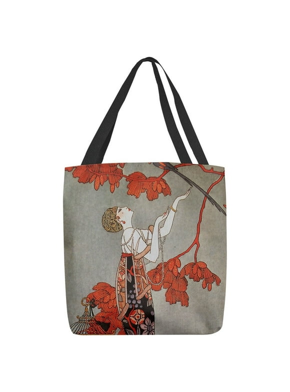 ArtVerse George Barbier Woman in Red Tote Bag Red & Gray 13 x 13