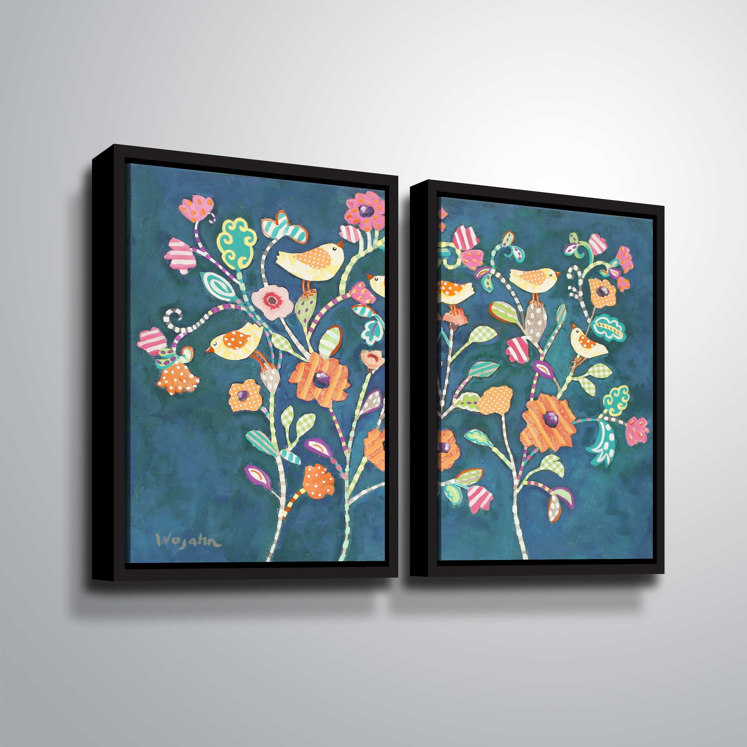 ArtWall Chirps in a Flower Bed, 2 Piece Floater Framed Canvas Set by Holly Wojahn