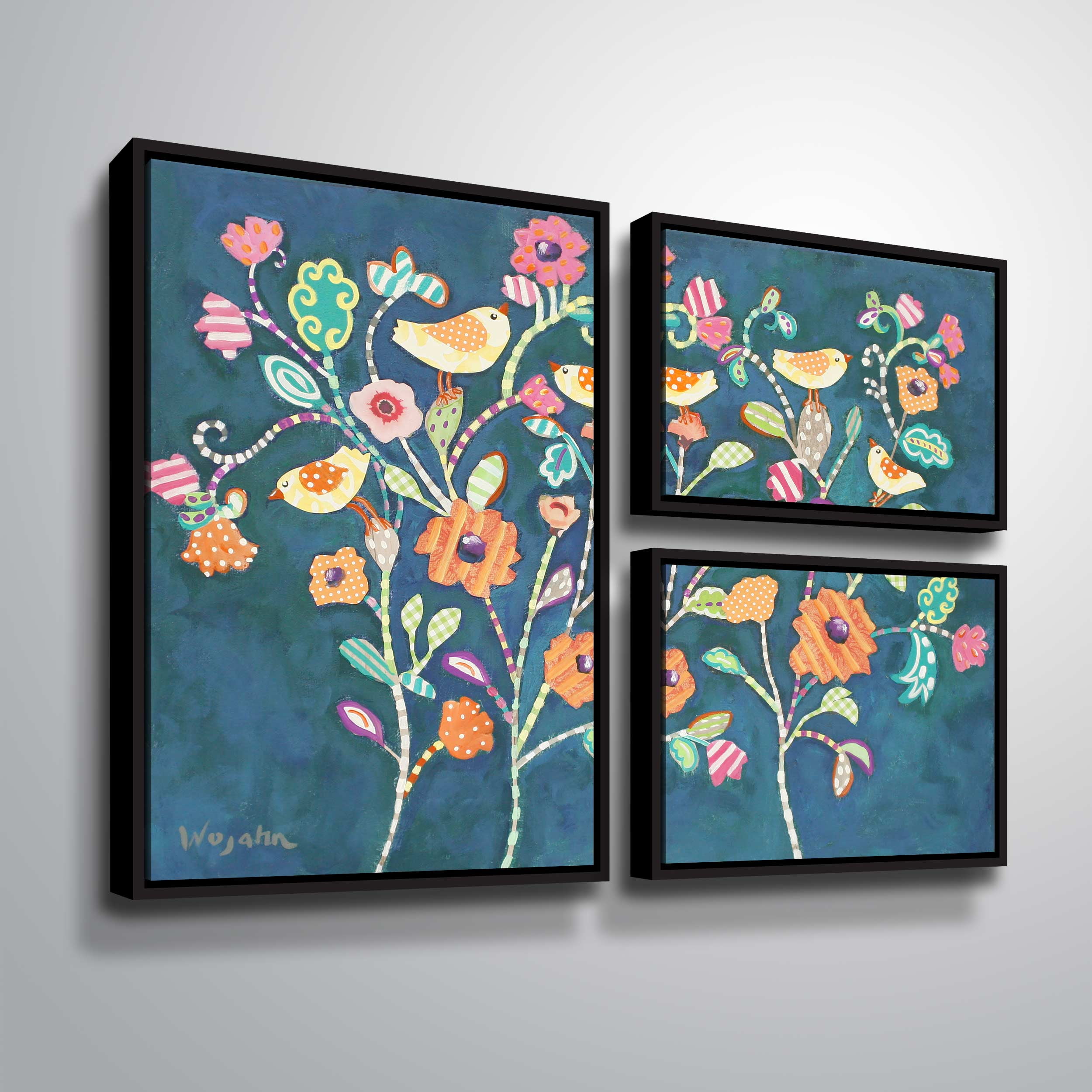 ArtWall Chirps in a Flower Bed, 3 Piece Floater Framed Canvas Flag Set by Holly Wojahn