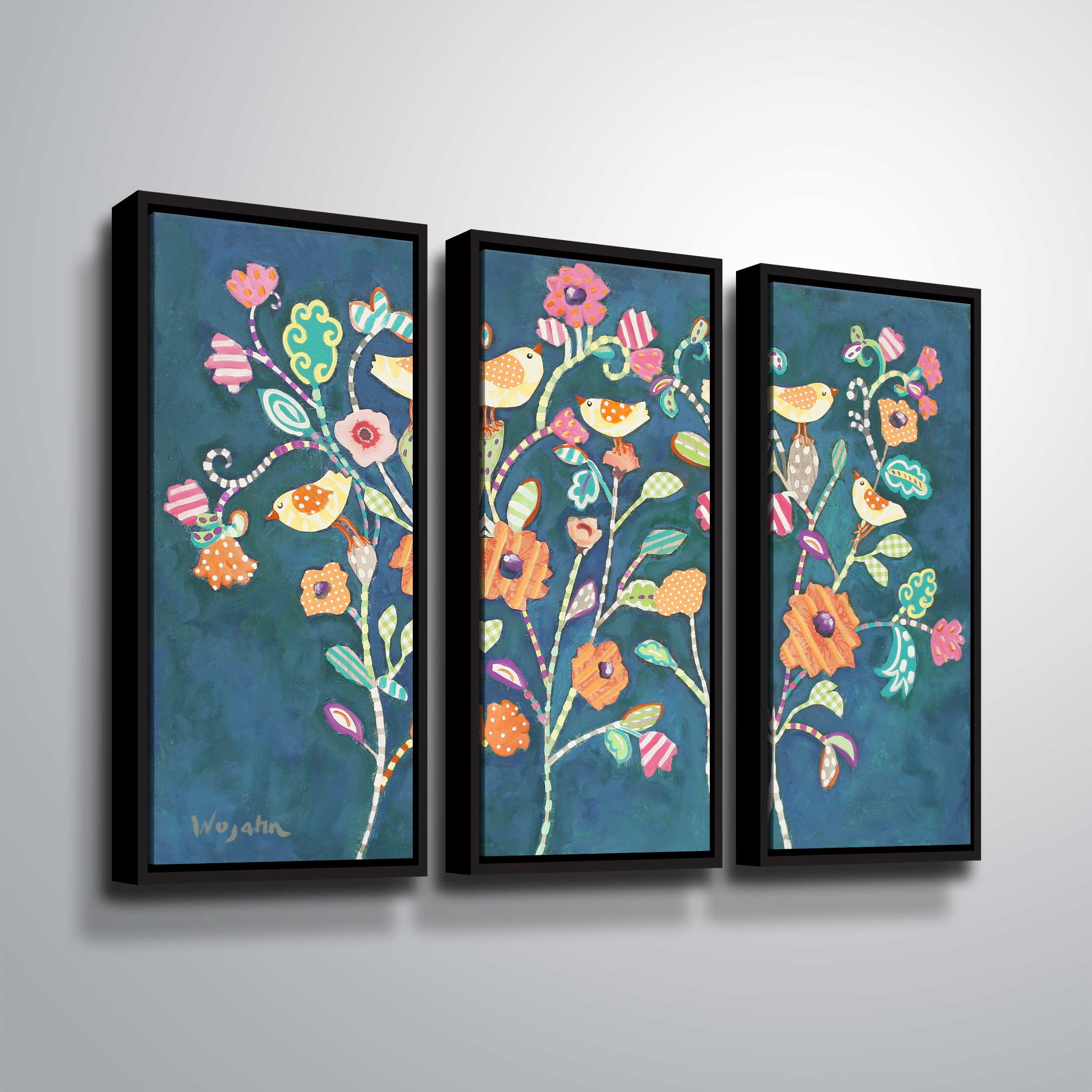 ArtWall Chirps in a Flower Bed, 3 Piece Floater Framed Canvas Set by Holly Wojahn