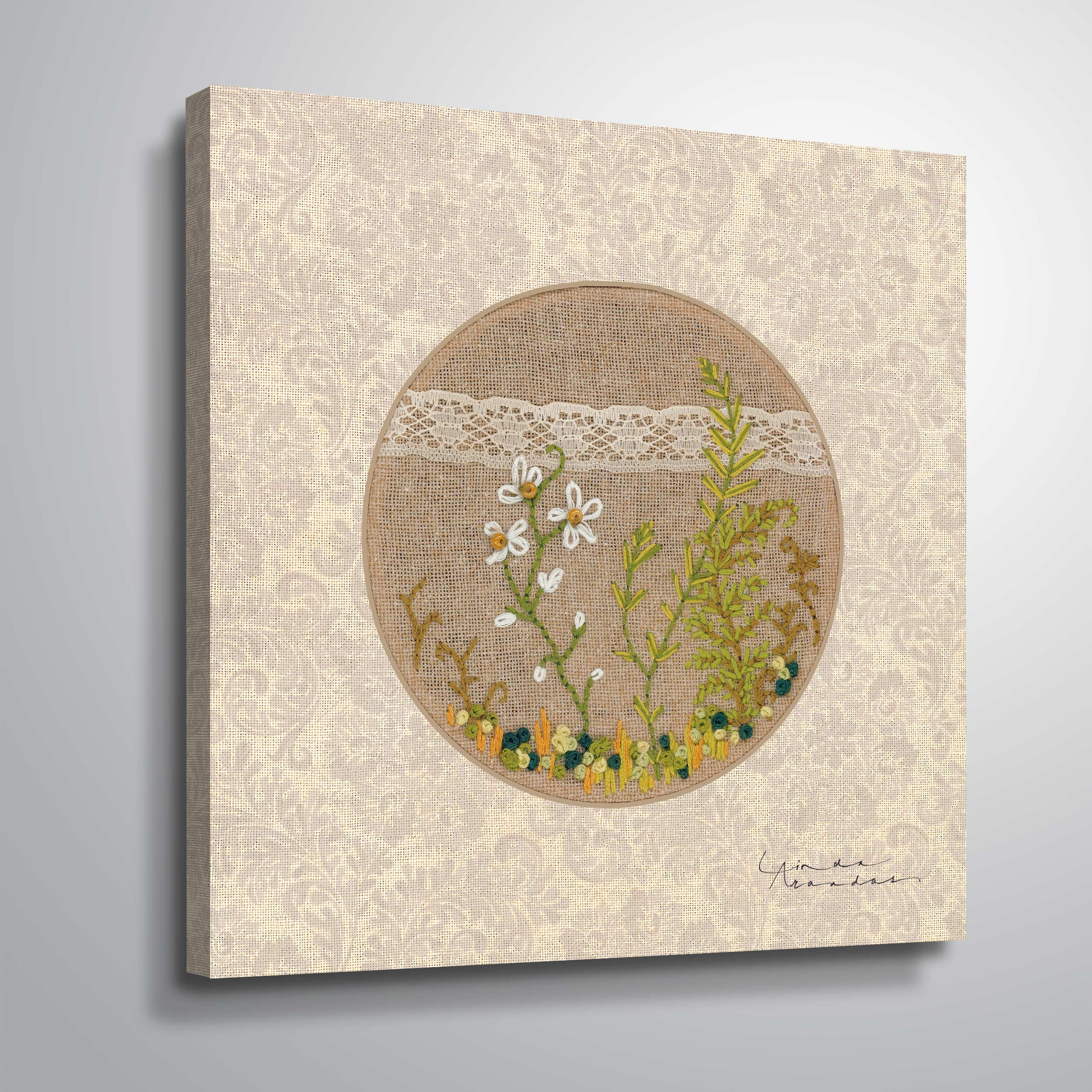 ArtWall Frolic in the forest - stitchery, Gallery Wrapped Canvas by Linda Arandas