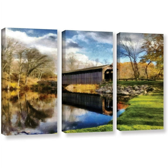 ArtWall Kevin Calkins "Covered Bridge Reflections" 3-Piece Gallery-Wrapped Canvas Set
