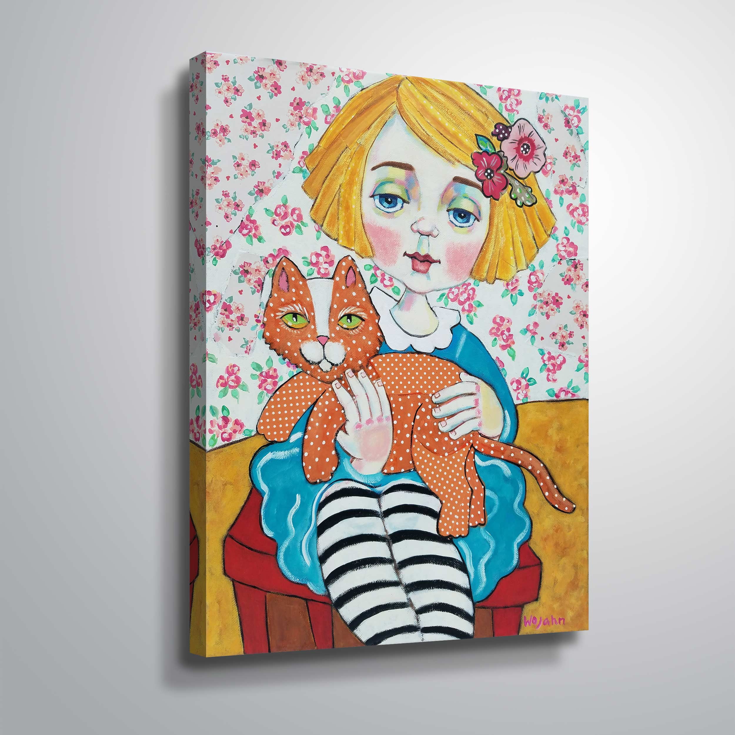 ArtWall Les Yeax Bleu et Le Chat Orange , Gallery Wrapped Canvas by Holly Wojahn