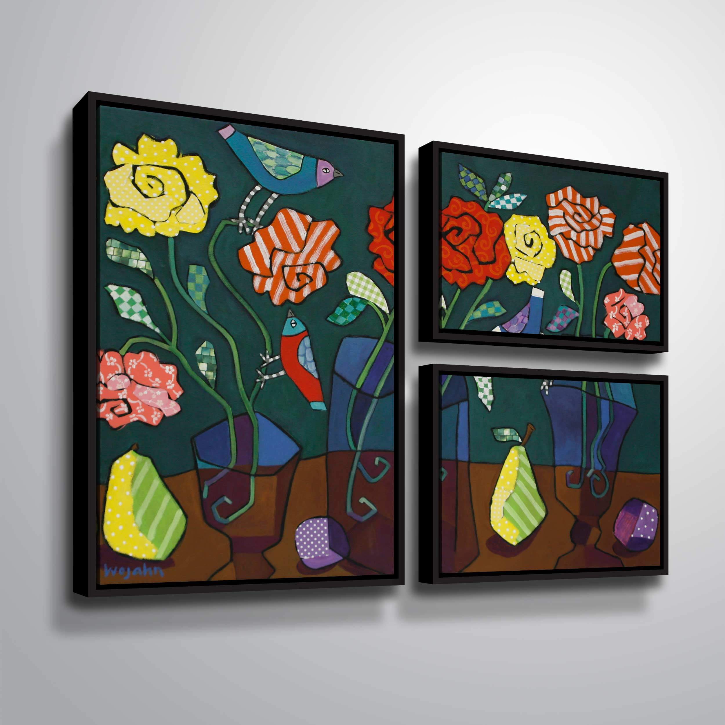 ArtWall More Patterned Roses, 3 Piece Floater Framed Canvas Flag Set by Holly Wojahn