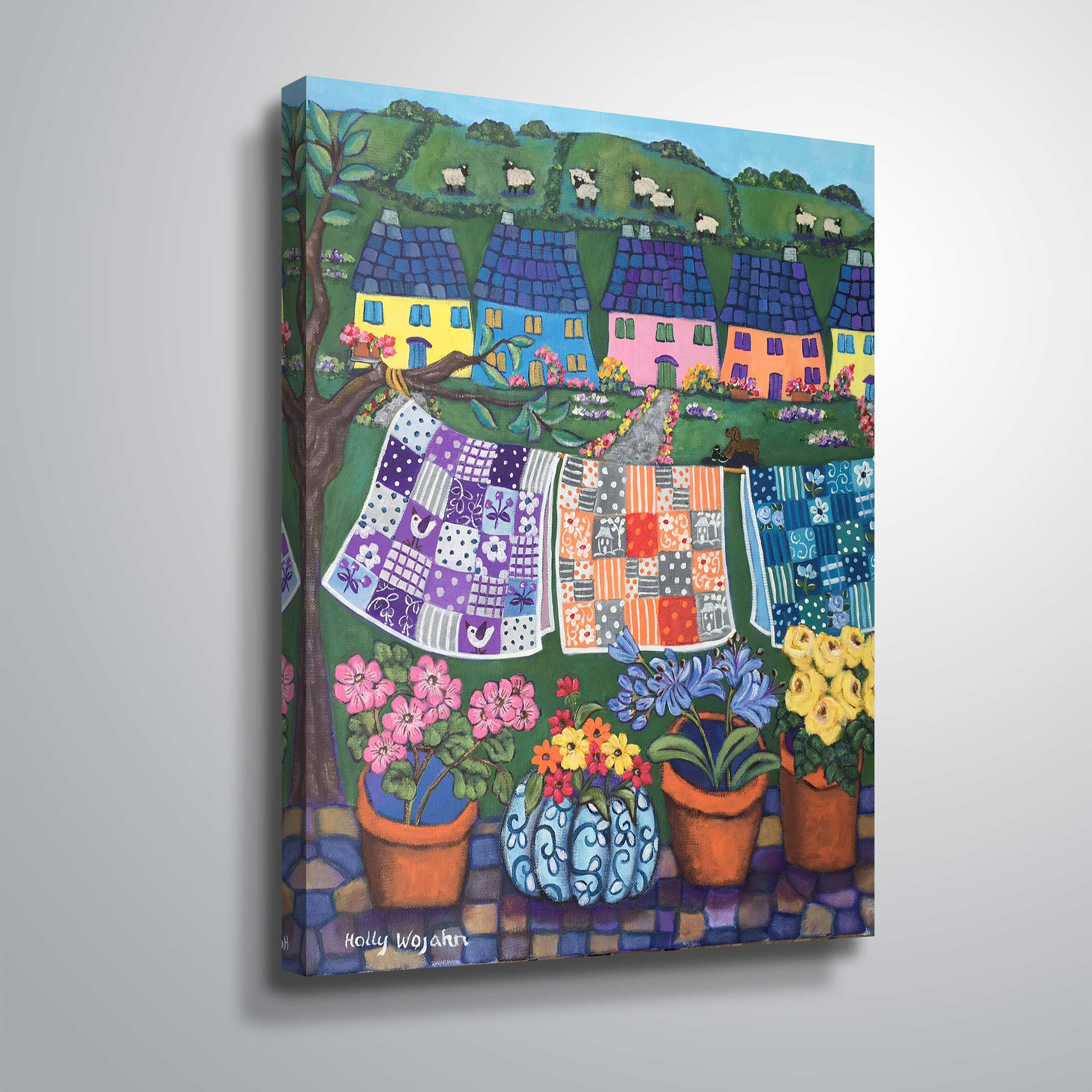 ArtWall Sheepish Hillsides with Cottages and quilts, Gallery Wrapped Canvas by Holly Wojahn