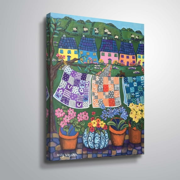 ArtWall Sheepish Hillsides with Cottages and quilts, Gallery Wrapped Canvas by Holly Wojahn