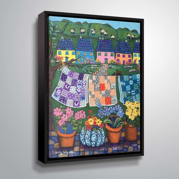 ArtWall Sheepish Hillsides with Cottages and quilts, Gallery Wrapped Floater-framed Canvas by Holly Wojahn