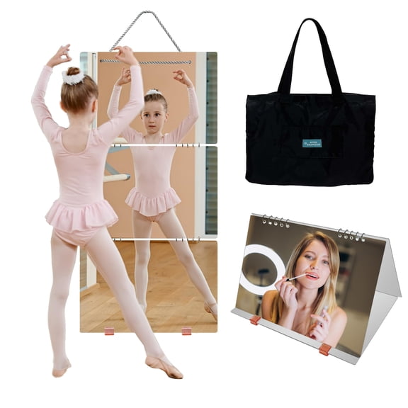 Artan Balance Foldable Travel Mirror, 3-Piece Hanging Shatterproof Acrylic Mirror for Dance Bag, Portable Dance Competition Mirror, Approx. 24 x 12 in with Storage Bag