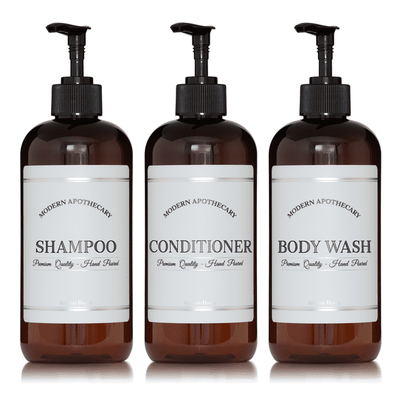 Artanis Home Amber Refillable Body Wash, Shampoo and Conditioner Bottles - PET Plastic Shampoo Bottles with Black Plastic Pumps and "Modern Apothecary" Labels- 16 oz, 3 Pack