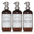 thumbnail image 1 of Artanis Home Amber Refillable Body Wash, Shampoo and Conditioner Bottles - PET Plastic Shampoo Bottles with Stainless Steel Pumps and "Modern Apothecary" Labels- 16 oz, 3 Pack, 1 of 7