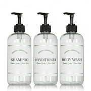 Artanis Home Clear Refillable Body Wash, Shampoo and Conditioner Bottles - PET Plastic Shampoo Bottles with Black Plastic Pumps and "Modern Apothecary" Labels- 16 oz, 3 Pack