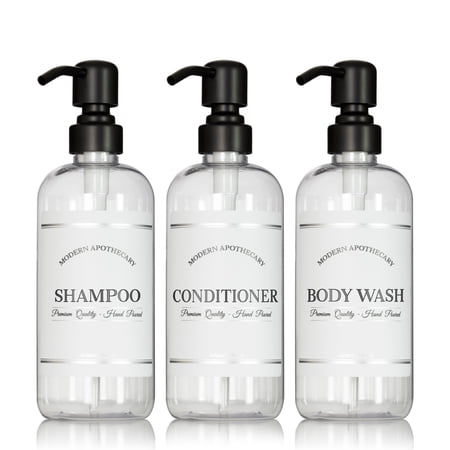 Artanis Home Clear Refillable Body Wash, Shampoo and Conditioner Bottles - PET Plastic Shampoo Bottles with Black Satin Pumps and "Modern Apothecary" Labels- 16 oz, 3 Pack