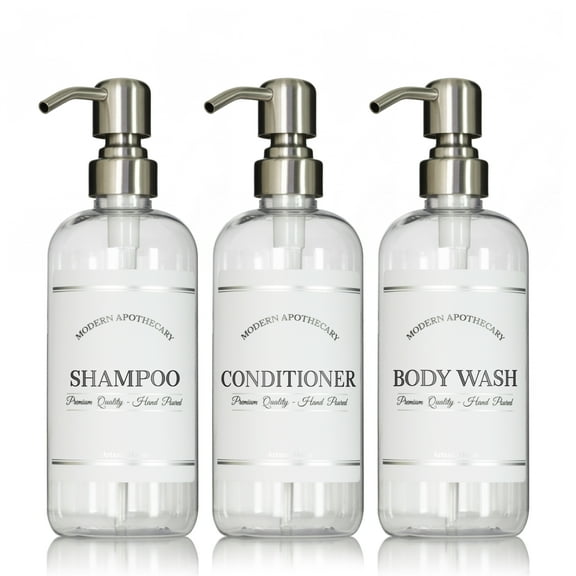 Artanis Home Clear Refillable Body Wash, Shampoo and Conditioner Bottles - PET Plastic Shampoo Bottles with Stainless Steel Pumps and "Modern Apothecary" Labels- 16 oz, 3 Pack