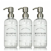 Artanis Home Clear Refillable Body Wash, Shampoo and Conditioner Bottles - PET Plastic Shampoo Bottles with Stainless Steel Pumps and Modern Apothecary Labels- 16 oz, 3 Pack